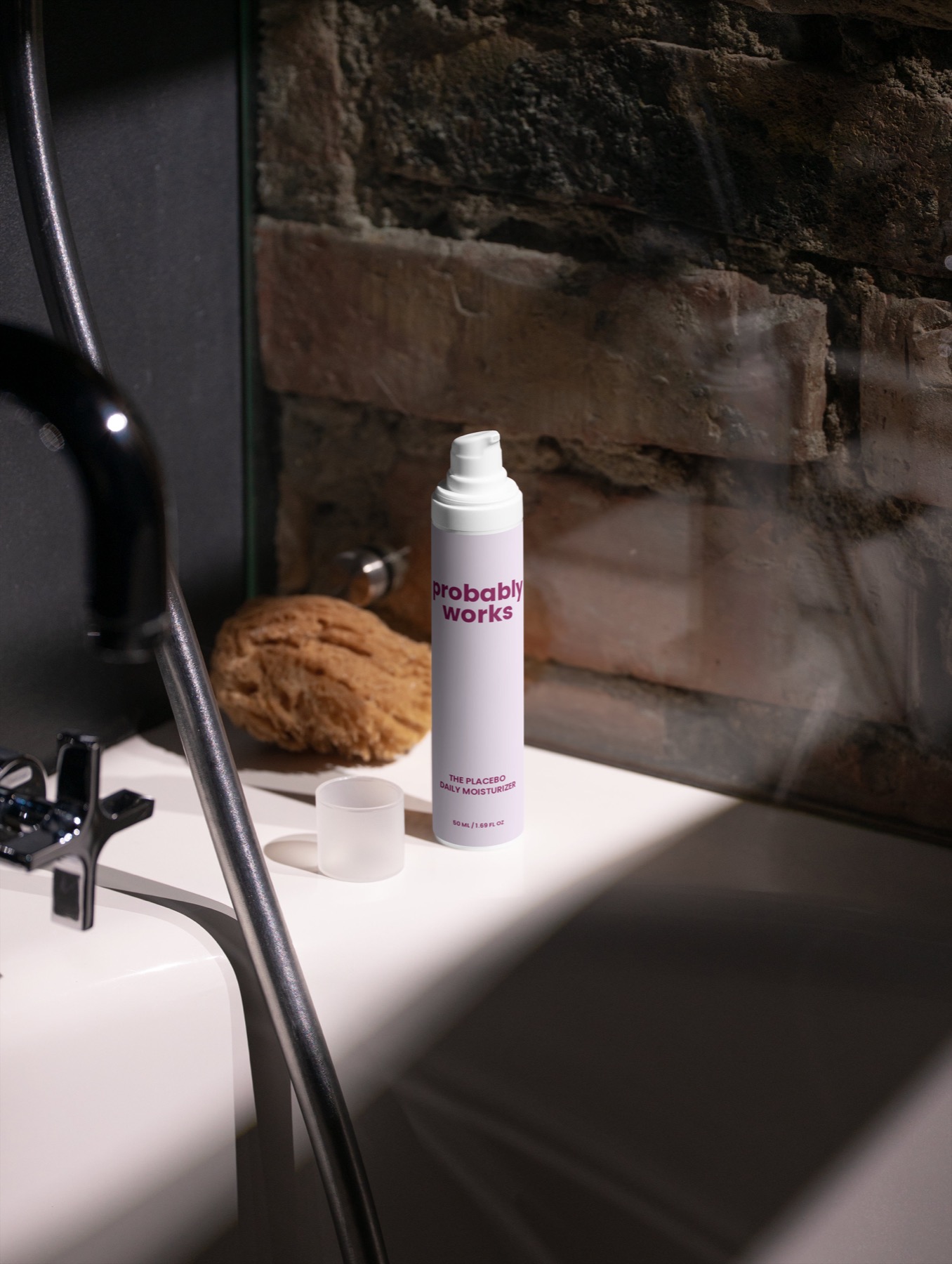 The Placebo bottle on a bathroom counter beside bath objects